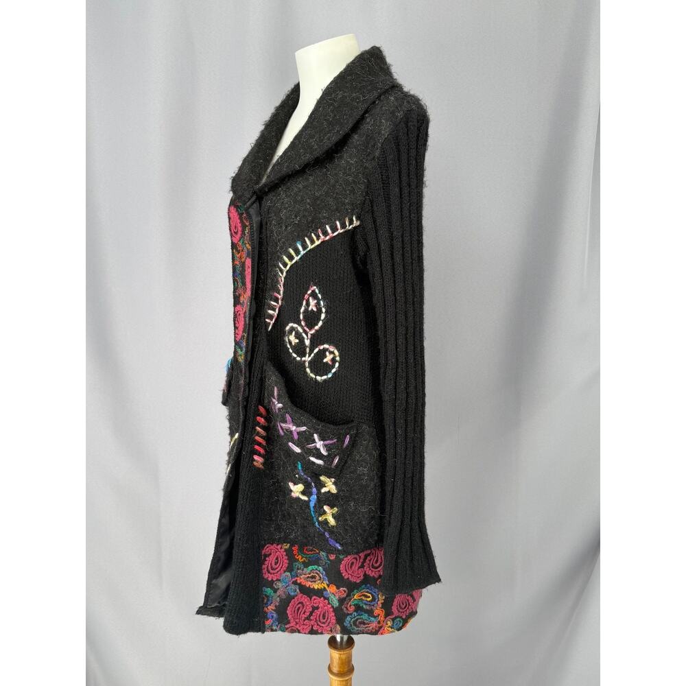 Sioni Cardigan Sweater Womens Large Black Paisley Embroidered Boho Wool Knit - Picture 3 of 13